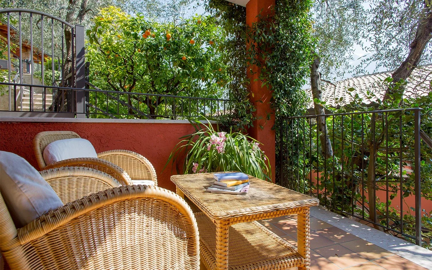 Terrazza soleggiata con sedie in vimini e tavolino vicino a piante verdi